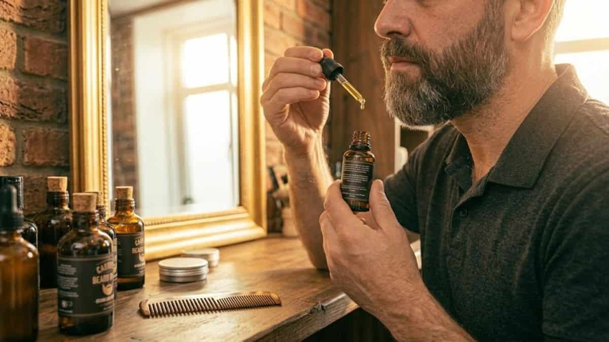 Hombre aplicando aceite a su barba para cuidarla en casa